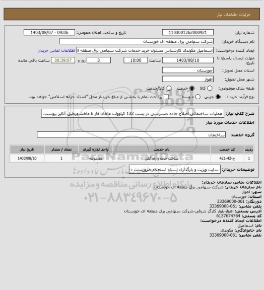 استعلام عملیات ساختمانی اصلاح جاده دسترسی در پست 132 کیلوولت ماهان فاز 6 ماهشهرطبق آنالیز پیوست.