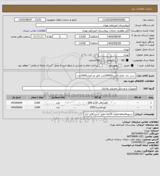 استعلام سی دی خام(دکتردیتا)3000عدد.کاور ضدخش3000عدد