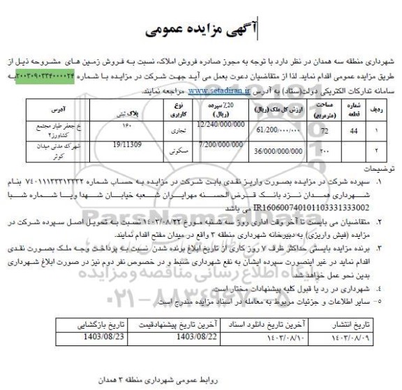 مزایده عمومی فروش زمین های