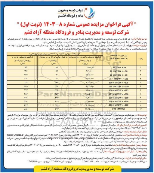 فراخوان مزایده  واگذاری و بهره برداری از خدمات پشتیبانی زمینی فرودگاهی (هندلینگ) همراه با تامین تجهیزات و ماشین آلات مربوطه