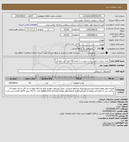 استعلام تعداد مرکب ( طبق لیست پیوست )
 مقدار 82 کیلو گرم جمع کل