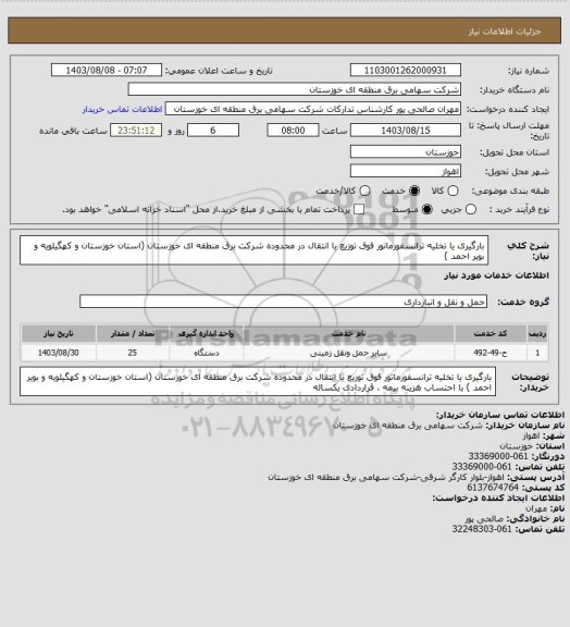 استعلام بارگیری یا تخلیه ترانسفورماتور فوق توزیع یا انتقال در محدوده شرکت برق منطقه ای خوزستان (استان خوزستان و کهگیلویه و بویر احمد )