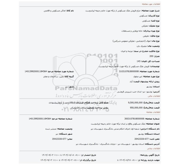 مزایده، فروش ملک مسکونی از ترکه مورث خانم رحیمه ایراندوست