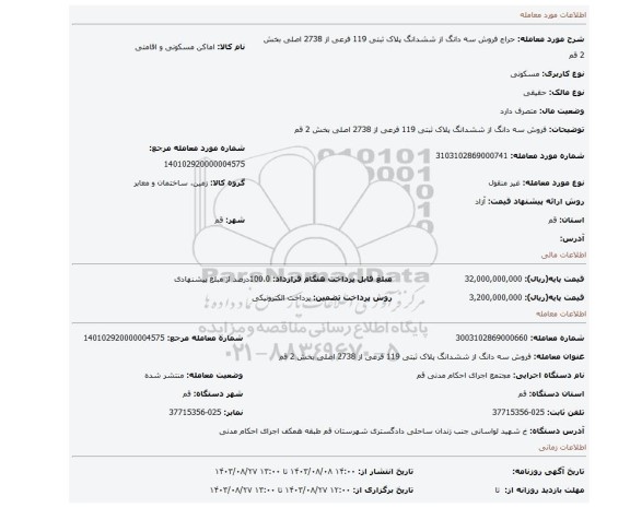 مزایده، فروش سه دانگ از ششدانگ پلاک ثبتی 119 فرعی از 2738 اصلی بخش 2 قم