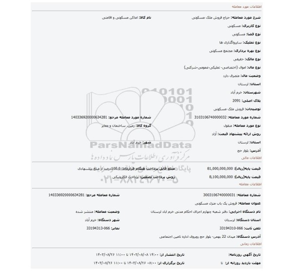 مزایده، فروش ملک مسکونی