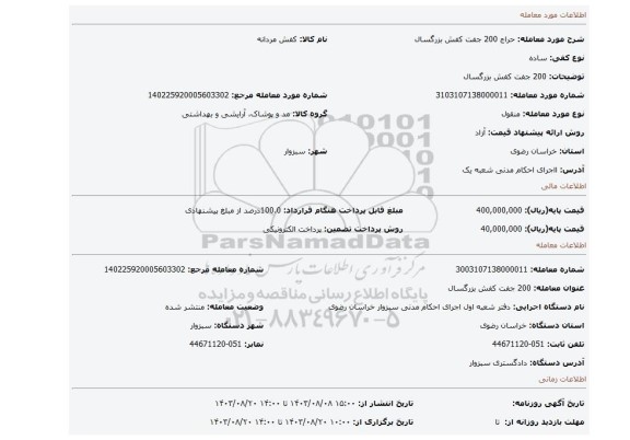 مزایده، 200 جفت کفش بزرگسال