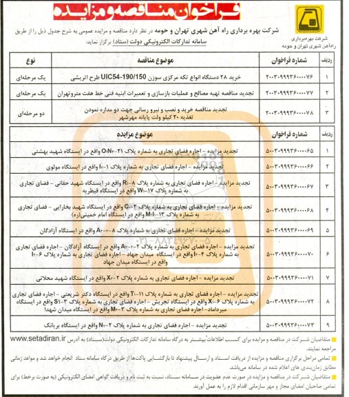 مناقصه و مزایده خرید 28 دستگاه انواع تکه مرکزی سوزن UIC54-190/150 طرح اتریشی و ... 