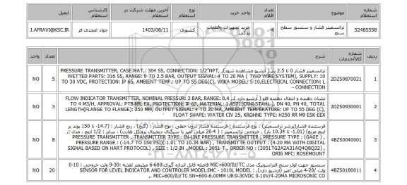 استعلام ترانسمیتر فشار و سنسور سطح سنج