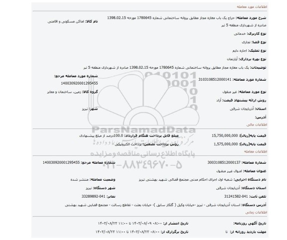 مزایده،  یک باب مغازه مجاز مطابق پروانه ساختمانی شماره 1780645 مورخه 1398.02.15 صادره از شهرداری منطقه 5 تبر