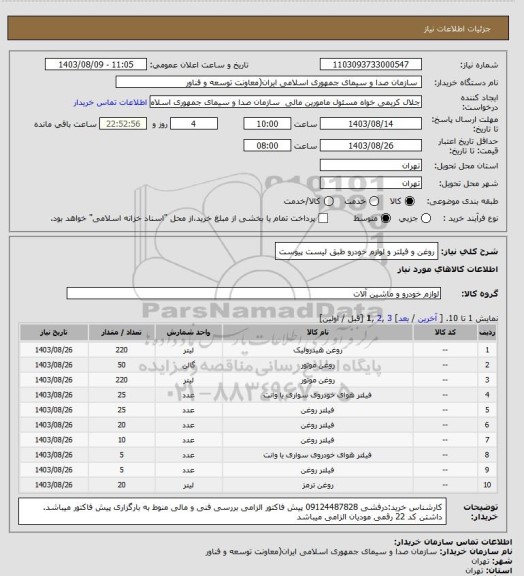 استعلام روغن و فیلتر و لوازم خودرو طبق لیست پیوست