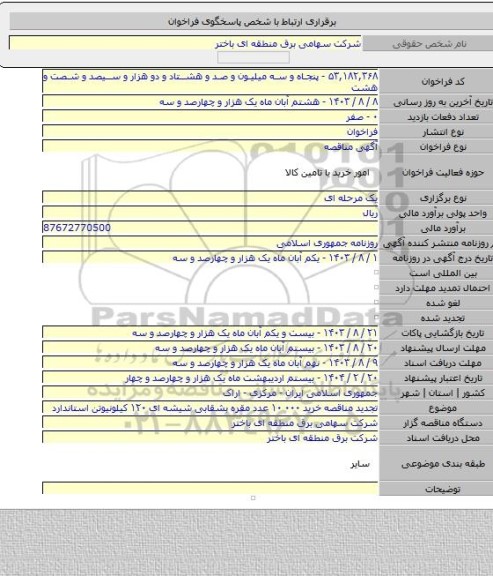 مناقصه, تجدید مناقصه خرید ۰۰۰ ۱۰ عدد مقره بشقابی شیشه ای ۱۲۰ کیلونیوتن استاندارد