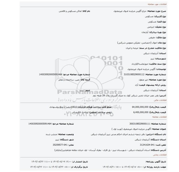 مزایده، آگهـی مـزایده امـوال غیرمنقـول