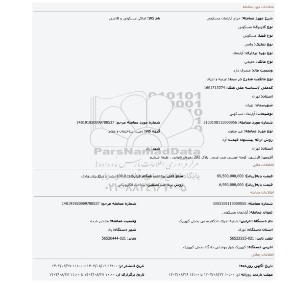 مزایده، آپارتمان مسکونی