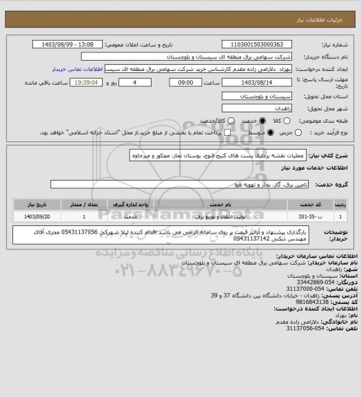 استعلام عملیات نقشه برداری پست های کتیج فنوج، بوستان نماز، مچکور و میرجاوه