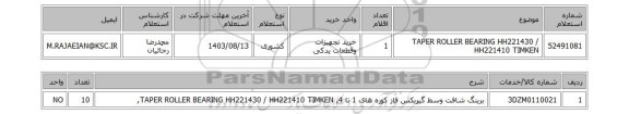 استعلام  TAPER ROLLER BEARING HH221430 / HH221410 TIMKEN