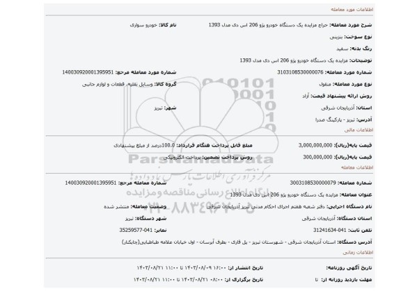 مزایده، مزایده یک دستگاه خودرو پژو 206 اس دی  مدل 1393