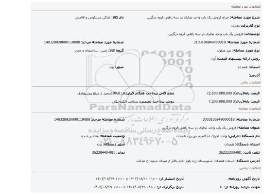 مزایده، فروش یک باب واحد تجاری در سه راهی قروه درگزین