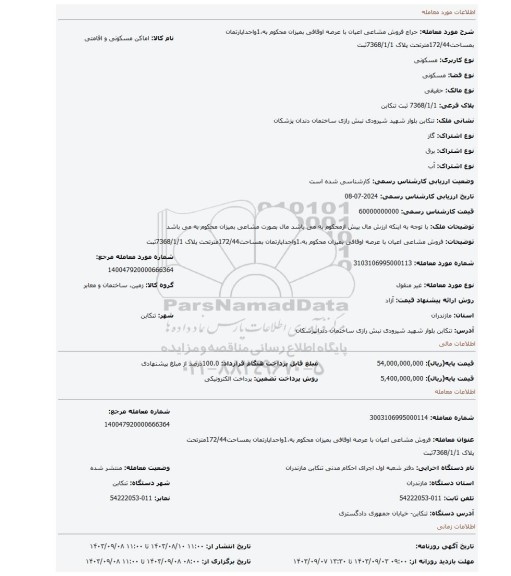 مزایده، فروش مشاعی اعیان با عرصه اوقافی بمیزان محکوم به،1واحداپارتمان بمساحت172/44مترتحت پلاک 7368/1/1ثبت