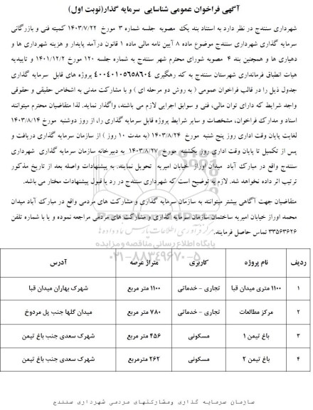 مناقصه و مزایده فراخوان عمومی شناسایی سرمایه گذار 