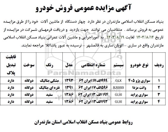 مزایده فروش چهار دستگاه ماشین آلات 