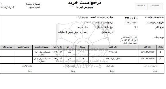 استعلام کابل 6*4 و کابل برق 