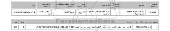 استعلام ابزارآلات ولوازم عمومی واندازه گیری