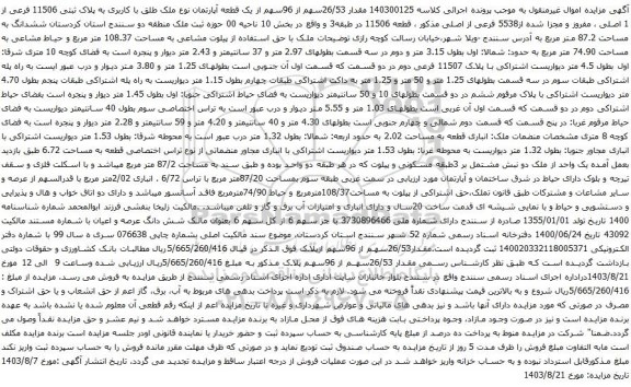 آگهی مزایده  مقدار 26/53سهم از 96سهم از یک قطعه آپارتمان نوع ملک طلق با کاربری به پلاک ثبتی 11506 فرعی از 1 اصلی