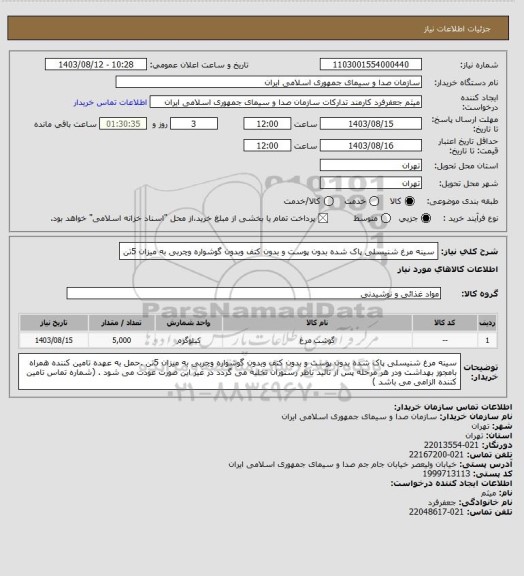 استعلام سینه مرغ شنیسلی پاک شده بدون پوست و بدون کتف وبدون گوشواره وچربی به میزان 5تن