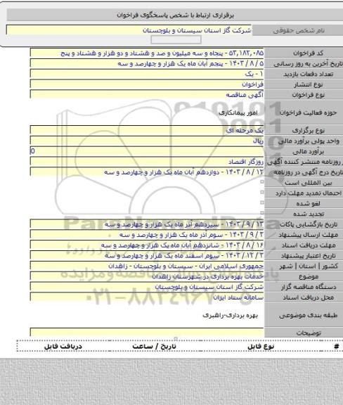 مناقصه, خدمات بهره برداری در شهرستان زاهدان