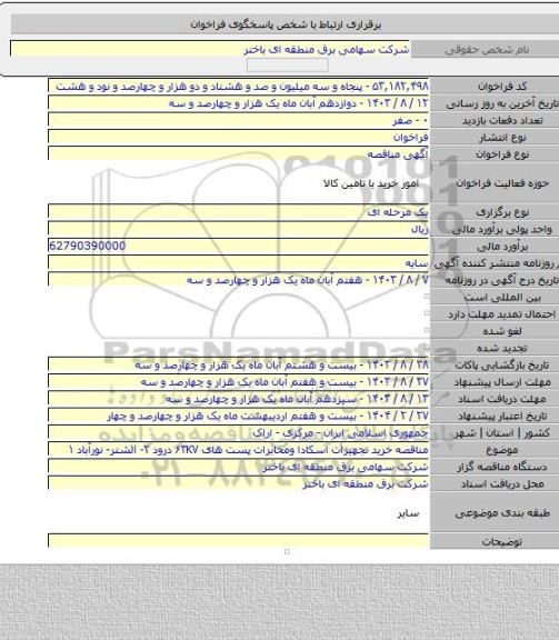 مناقصه, مناقصه خرید تجهیزات اسکادا ومخابرات پست های ۶۳KV درود ۲- الشتر- نورآباد ۱