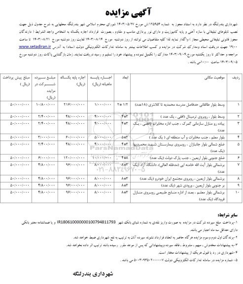 مزایده  نصب تابلوهای تبلیغاتی با سازه آهنی و پایه کامپوزیت و دارای نور پردازی مناسب و مقاوم