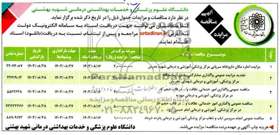 مزایده و مناقصه عمومی  اجاره مکان داروخانه سرپایی...