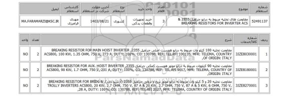 استعلام مقاومت های تخلیه مربوط به درایو جرثقیل 2355 & BREAKING RESISTORS FOR INVERTER ACS