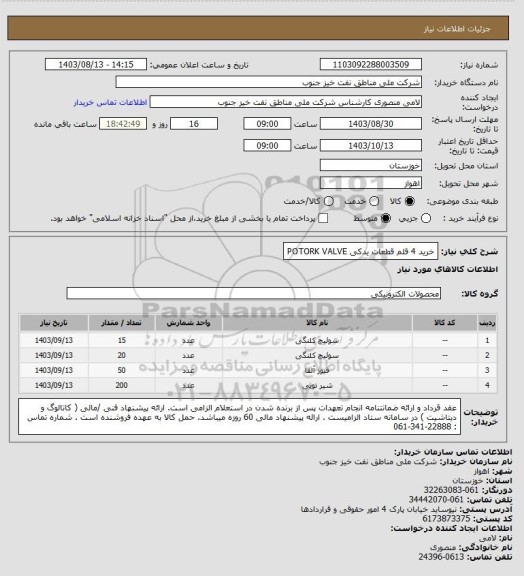 استعلام خرید 4 قلم قطعات یدکی POTORK VALVE