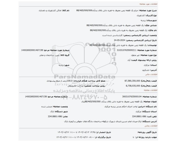 مزایده، یک قطعه زمین معروف به هرزه داش  بالای بندآباد88/465/000/000