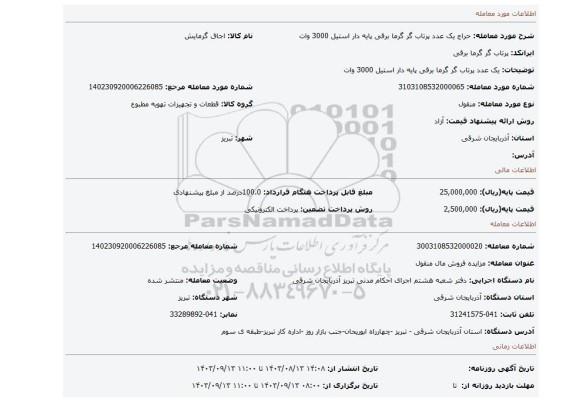 مزایده، یک عدد پرتاب گر گرما برقی پایه دار استیل 3000 وات