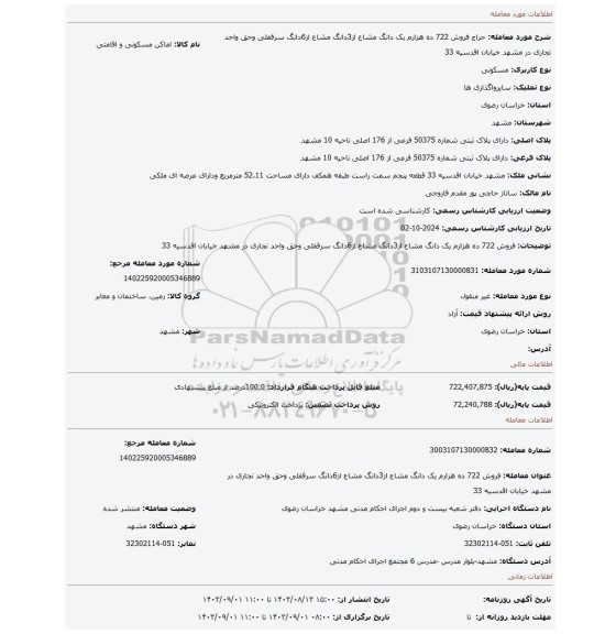 مزایده، فروش 722 ده هزارم یک دانگ مشاع از3دانگ مشاع از6دانگ سرقفلی وحق واحد تجاری در مشهد خیابان اقدسیه 33