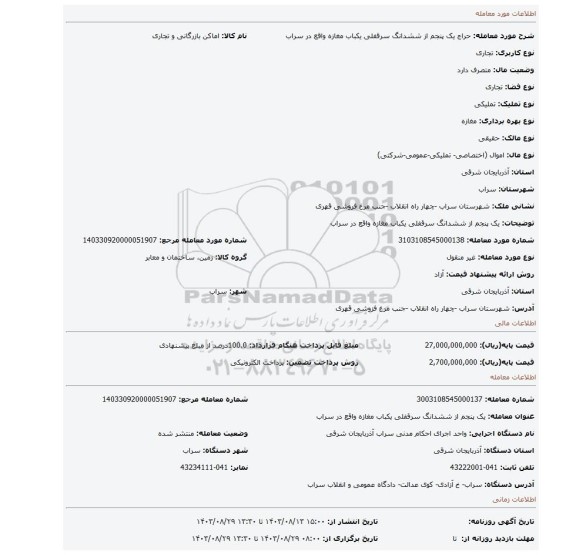 مزایده، یک پنجم از ششدانگ سرقفلی یکباب مغازه واقع در سراب