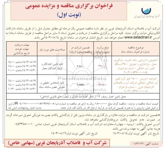 مزایده و مناقصه فروش 15000 کیلوگرم کنتور آب خانگی اسقاطی ...