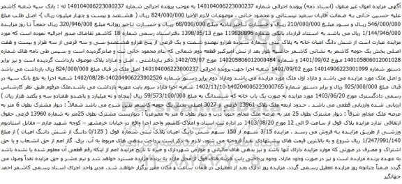 آگهی مزایده شش دانگ اعیان خانه به پلاک ثبتی شماره سیزده هزارو نهصدو شصت و یک فرعی از پنج هزارو هشتصدو سی و سه فرعی