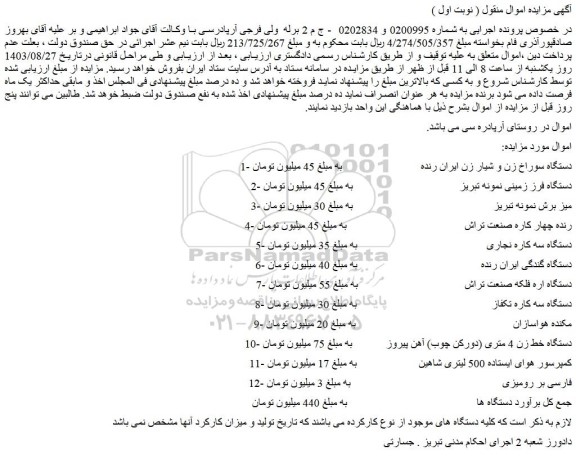 مزایده فروش دستگاه سوراخ زن و شیار زن ایران رنده  و...