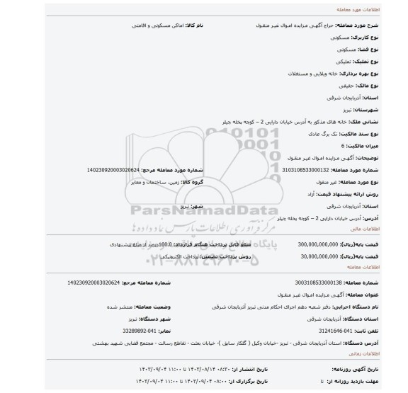 مزایده، آگهـی مـزایده امـوال غیـر منقـول