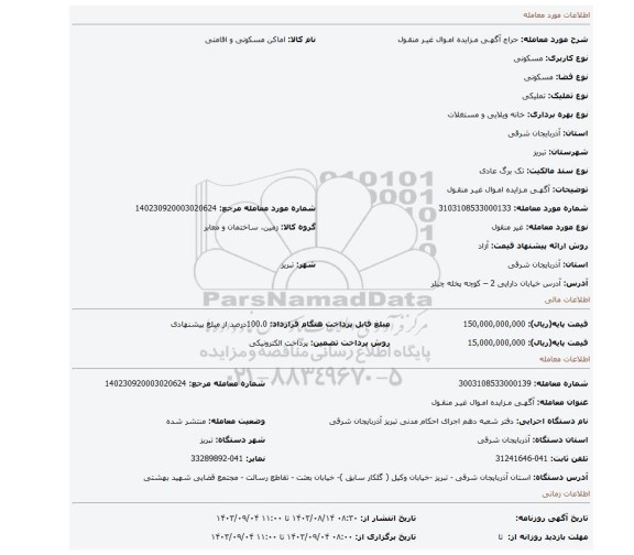 مزایده، آگهـی مـزایده امـوال غیـر منقـول