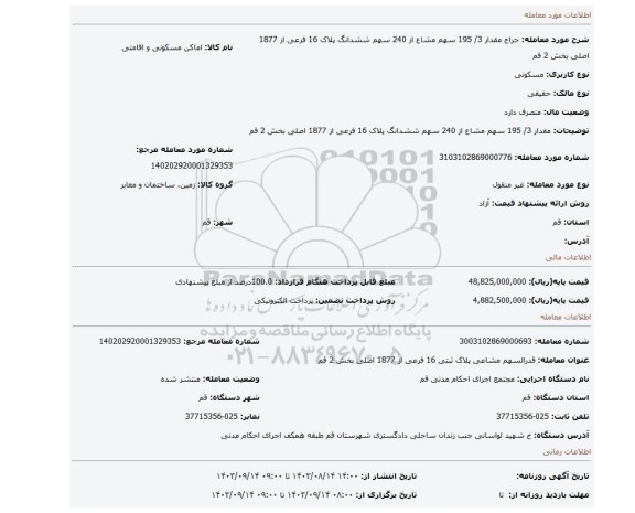 مزایده، مقدار 3/ 195 سهم مشاع از 240 سهم ششدانگ پلاک 16 فرعی از 1877 اصلی بخش 2 قم