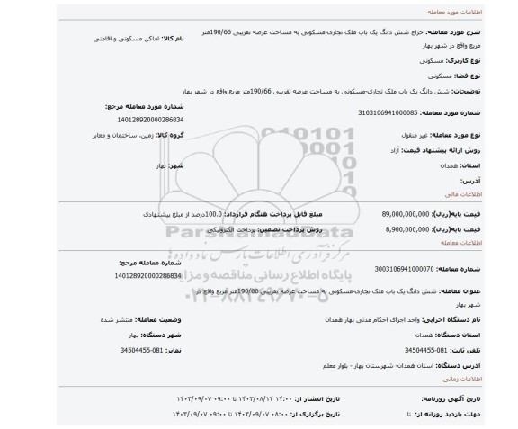 مزایده، شش دانگ یک باب ملک تجاری-مسکونی به مساحت عرصه تقریبی 190/66متر مربع واقع در شهر بهار