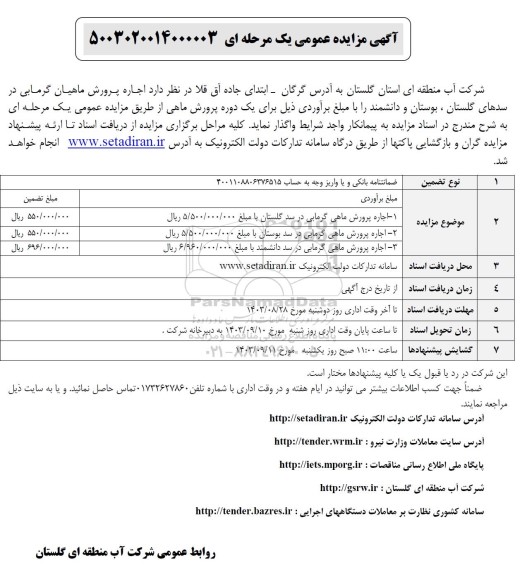 مزایده اجاره پرورش ماهیان گرمابی