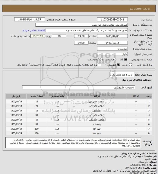 استعلام خرید 8 قلم لوازم برقی