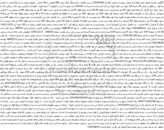 آگهی مزایده ششدانگ پلاک ثبتی 25B فرعی از 46 اصلی ، مفروز و مجزا شده از5 فرعی از اصلی و غیره ....