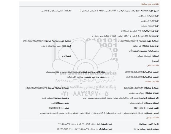 مزایده، پلاک ثبتی 2 فرعی از  1867 اصلی ، قطعه 1 تفکیکی در  بخش 2