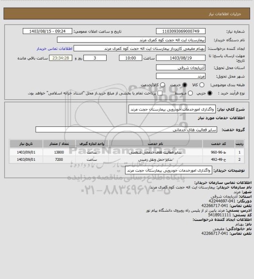 استعلام واگذاری امورخدمات خودرویی بیمارستان حجت مرند